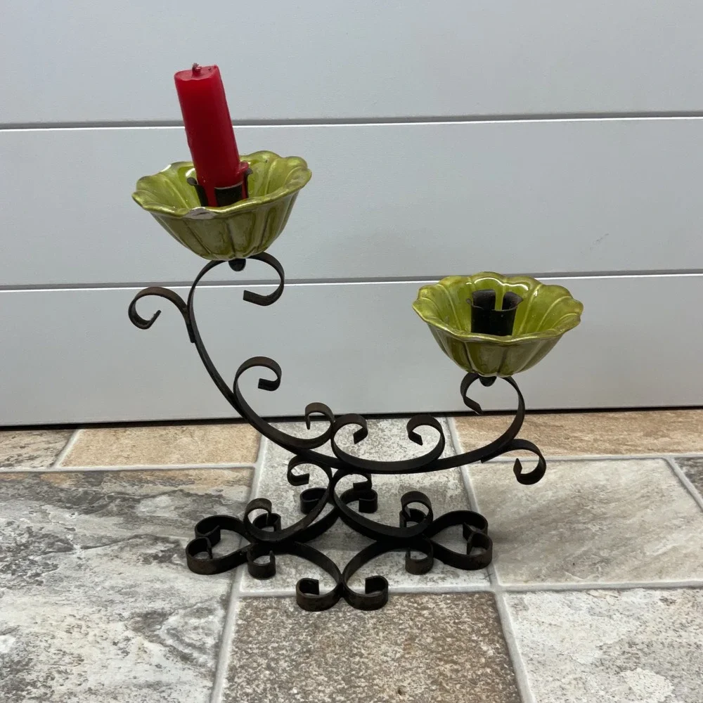 Vintage Wrought Iron Scroll Candelabra Chartreuse Green Ceramic Flower Basins